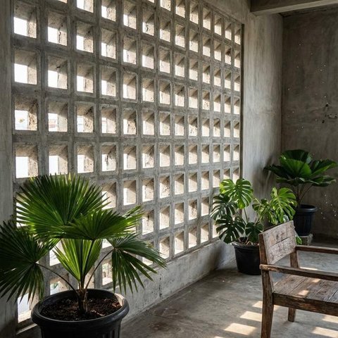 Desain Teras Minimalis Dengan Dinding Roster Agar Sirkulasi Udara Adem, (Foto: AI)