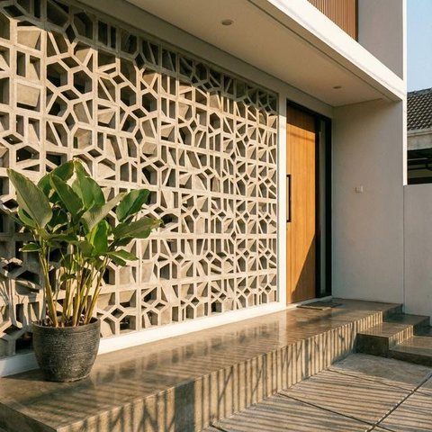 Desain Teras Minimalis Dengan Dinding Roster Agar Sirkulasi Udara Adem, (Foto: AI)