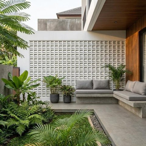 Desain Teras Minimalis Dengan Dinding Roster Agar Sirkulasi Udara Adem, (Foto: AI)