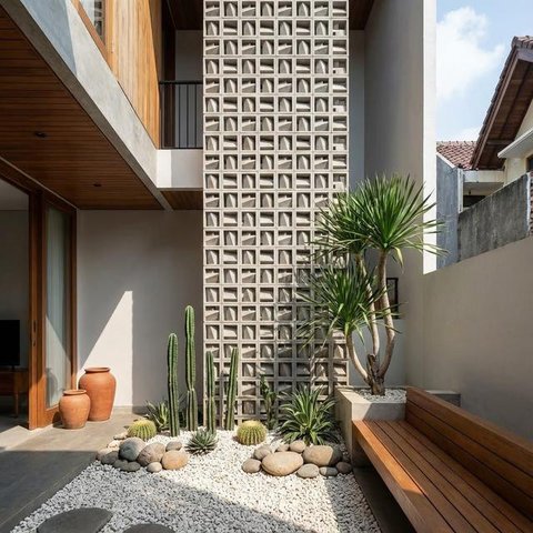 Desain Teras Minimalis Dengan Dinding Roster Agar Sirkulasi Udara Adem, (Foto: AI)