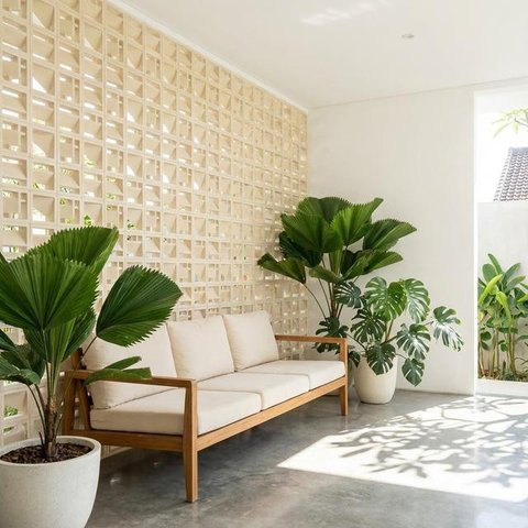 Desain Teras Minimalis Dengan Dinding Roster Agar Sirkulasi Udara Adem, (Foto: AI)