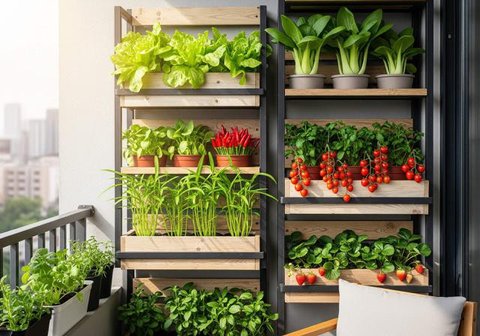 Kebun Sayur dan Herbal Pakai Rak Susun Dinding Rumah. Foto: Gemini