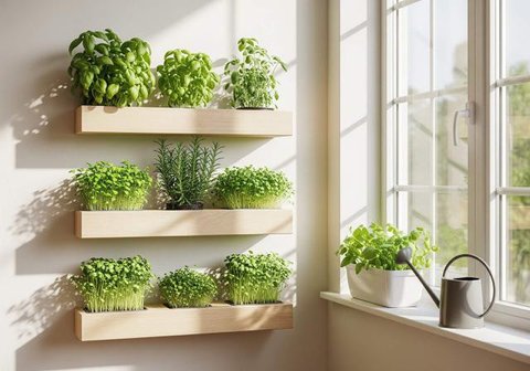 Kebun Sayur dan Herbal Pakai Rak Susun Dinding Rumah. Foto: Gemini