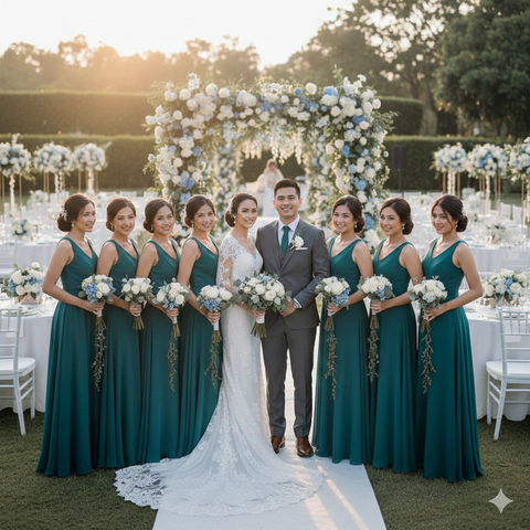 7 Model Baju Bridesmaid Emerald Blue, Tampilan Anggun dan Serasi di Hari Pernikahan (Foto: Gemini AI)