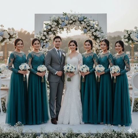 7 Model Baju Bridesmaid Emerald Blue, Tampilan Anggun dan Serasi di Hari Pernikahan (Foto: Gemini AI)