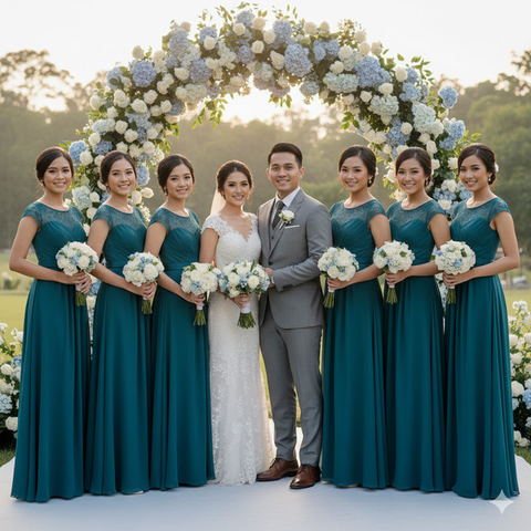 7 Model Baju Bridesmaid Emerald Blue, Tampilan Anggun dan Serasi di Hari Pernikahan (Foto: Gemini AI)