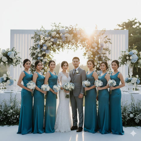 7 Model Baju Bridesmaid Emerald Blue, Tampilan Anggun dan Serasi di Hari Pernikahan (Foto: Gemini AI)