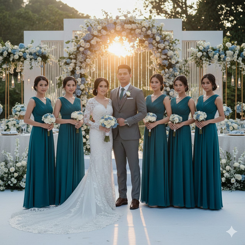 7 Model Baju Bridesmaid Emerald Blue, Tampilan Anggun dan Serasi di Hari Pernikahan (Foto: Gemini AI)