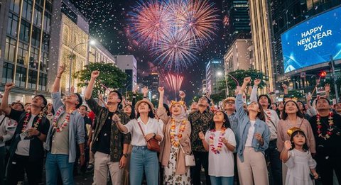 Pengunjung menyaksikan pesta kembang api saat malam Tahun Baru 2019 di Pantai Lagoon, Ancol, Jakarta, Selasa (1/1). Ancol menyajikan pesta kembang api musikal sepanjang 600 meter di bibir pan