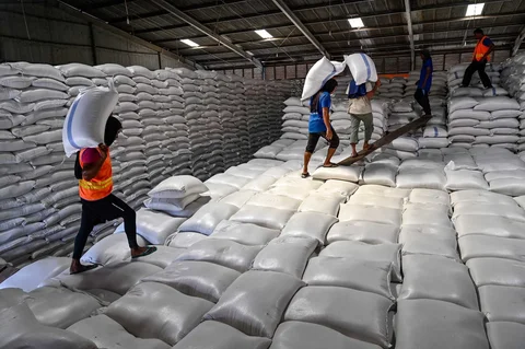 Pekerja membawa karung-karung beras di gudang Badan Logistik Indonesia (Bulog) di Lambaro, Provinsi Aceh, Senin (29/12/2025).