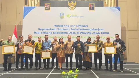 BPJS Ketenagakerjaan Kantor Wilayah Jawa Timur berkolaborasi dengan Dinas Pemberdayaan Masyarakat dan Desa (PMD) Provinsi Jawa Timur menggelar kegiatan Monitoring dan Evaluasi Kepesertaan Jaminan Sosial Ketenagakerjaan