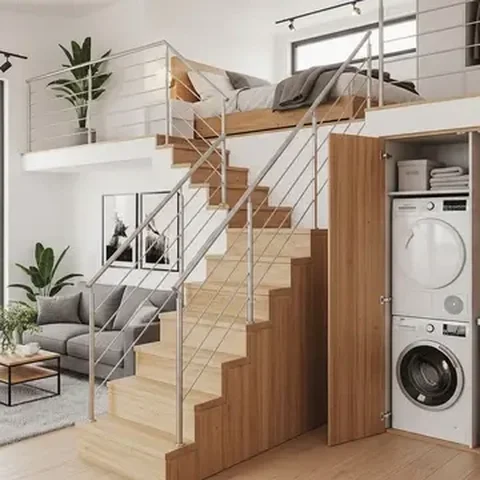 Desain Rumah Kecil Mezzanine dengan Area Laundry Tersembunyi di Bawah Tangga, Hemat Ruang & Rapi