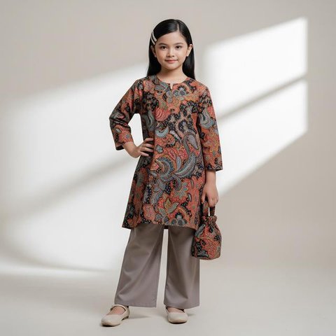 Model Atasan Batik Anak Perempuan yang Stylish Desain Kombinasi Kain Polos/ AI