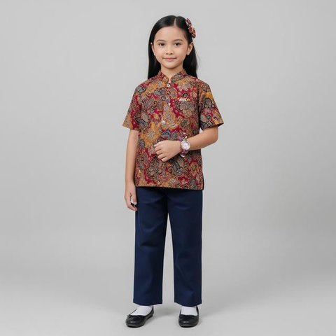 Model Atasan Batik Anak Perempuan yang Stylish Desain Kombinasi Kain Polos/ AI
