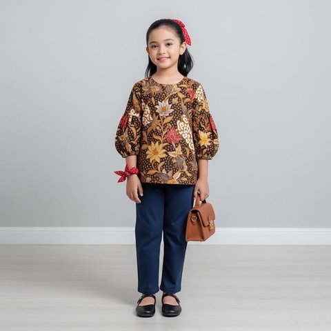 Model Atasan Batik Anak Perempuan yang Stylish Desain Kombinasi Kain Polos/ AI