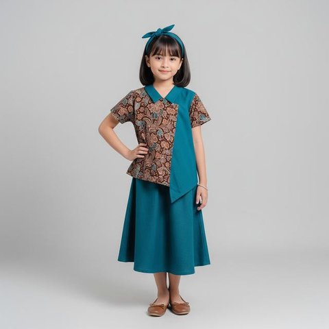 Model Atasan Batik Anak Perempuan yang Stylish Desain Kombinasi Kain Polos/ AI