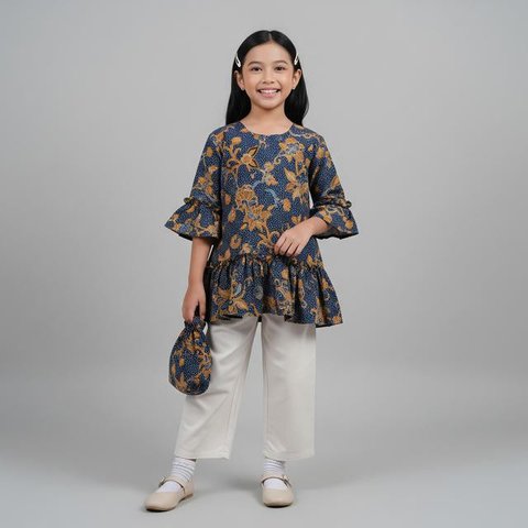 Model Atasan Batik Anak Perempuan yang Stylish Desain Kombinasi Kain Polos/ AI