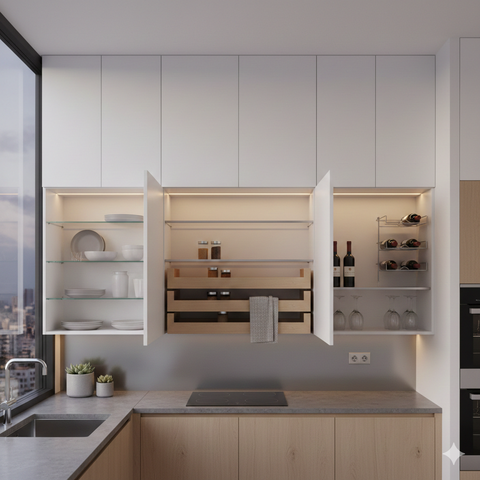 Lemari Modular dengan Aksesori Internal (Rak Adjustable, Pull-out Tray)