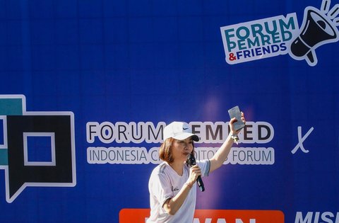 Ketua Forum Pemred Retno Pinasti saat Olahraga Bareng, Forum Pemred dan FH BUMN di Brilian Fatmawati, Jakarta Selatan, Sabtu (15/02/2025).