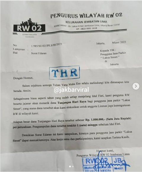 Surat Pengurus RW 2 di Jakbar Minta THR Rp1 Juta ke Pengusaha