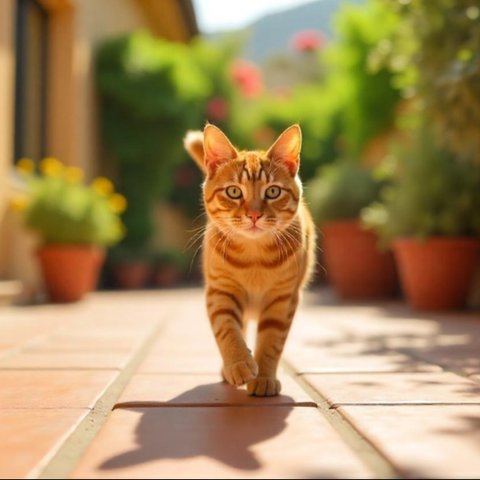 Ilustrasi kucing berjalan di teras rumah (dibuat oleh AI)