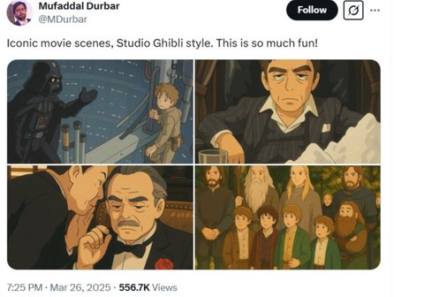 Salah satu unggahan warganet tentang animasi ala Studio Ghibli besutan ChatGPT dengan model AI GPT-4o yang baru dirilis. Unggahan animasi Ghibli ini pun viral di medsos. (Foto: Screenshot X @MDurbar).
