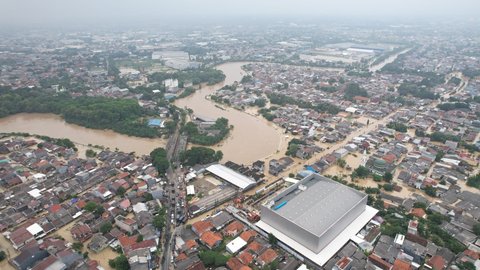 Pantauan udara memperlihatkan kondisi banjir di kawasan Jatiasih, Kota Bekasi, Jawa Barat, Selasa (4/3/2025).