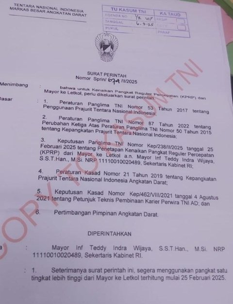 Surat Teddy Resmi Naik Pangkat dari Mayor Jadi Letkol
