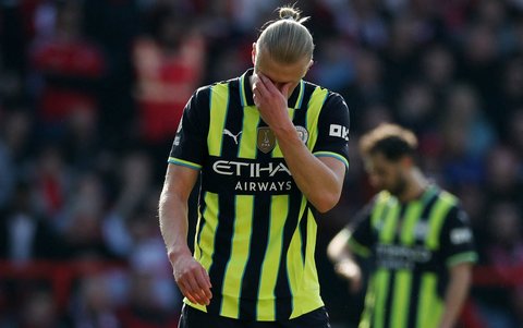 Pemain Manchester City  Erling Haaland di City Ground, Inggris, Sabtu (8/3/2025) malam WIB.