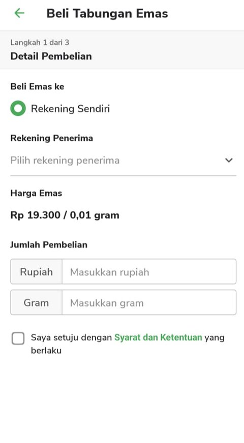 Fitur Tabungan Emas. Lewat fitur ini, pelanggan bisa membeli emas mulai dari 0,01 gram, atau sekitar Rp10 ribu saja.