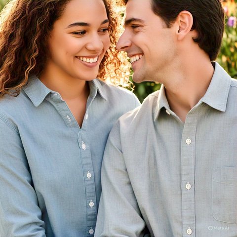 Couple wearing kemeja chambray