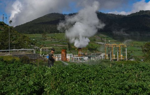 Petani menyiramkan pestisida antilayu pada tanaman kentang di sekitar areal instalasi sumur geothermal atau panas bumi untuk Pembangkit Tenaga Listrik Panas Bumi (PLTP) PT Geo Dipa Energi di kawasan dataran tinggi Dieng, Banjarnegara, Jawa Tengah, Minggu (6/4/2025).