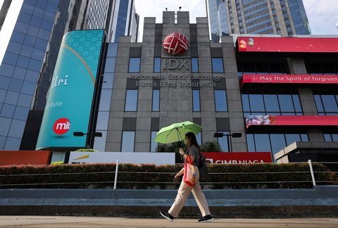 Pejalan kaki  berjalan melewati gedung Bursa Efek Indonesia (BEI) di Jakarta, Selasa (08/ 04/ 2025)