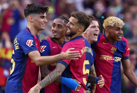 Pemain Barcelona di Estadi Olimpic Lluis Companys, Barcelona, Spanyol, Minggu (11/05/2025).