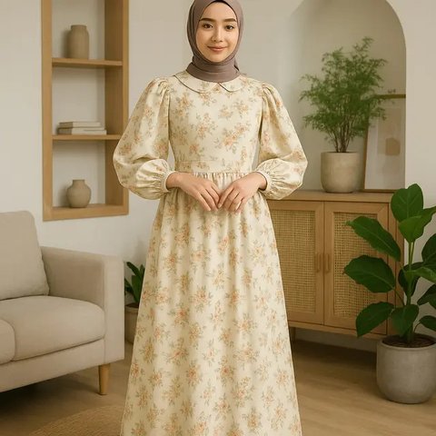 7 Model Gamis Motif Bunga yang Memikat Hati, Tampilan Gaya Feminin Tapi Stylish (sumber: AI)