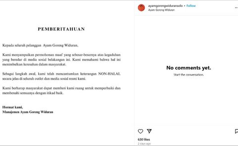 <p>Viral Usai Mengaku Non-Halal Setelah 52 Tahun, Ayam Goreng Widuran Solo Bikin Pernyataan Maaf.&nbsp; (dok.Instagram @ayamgorengwiduransolo/<a href=