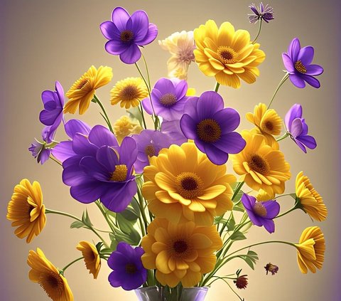 Ilustrasi Bunga Warna Kuning dan Ungu. (Foto: Meta AI)
