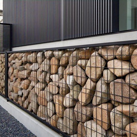 Desain Pagar Rumah Minimalis Modern, Pagar Gabion (Kawat dan Batu). Foto: Meta AI
