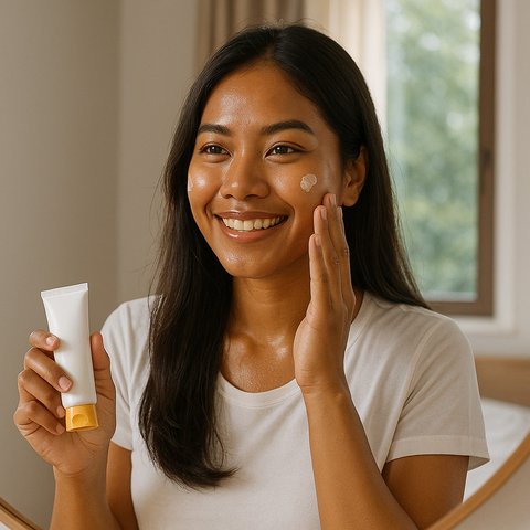 <p>Ilustrasi perempuan dengan kulit sawo matang menggunakan sunscreen. Foto: Ilustrasi AI/ChatGPT</p>