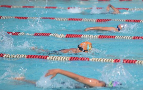 Murid sekolah dasar mengikuti pertandingan renang dalam Olimpiade Olahraga Siswa Nasional (O2SN) tingkat Depok di kolam renang Tirta Sari, Depok, Jawa Barat, Selasa (6/5/2025).