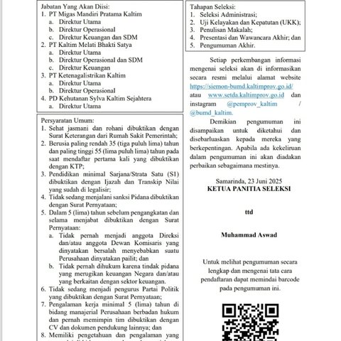 Pemprov Kaltim Resmi Buka Seleksi Direksi BUMD 2025