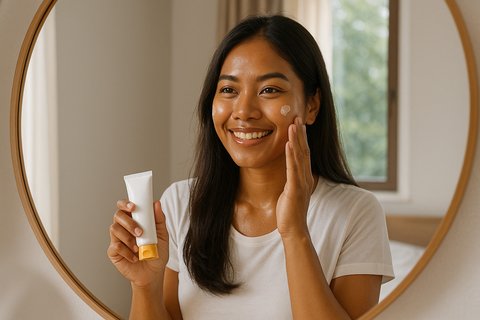 Ilustrasi perempuan dengan kulit sawo matang menggunakan sunscreen. Foto: Ilustrasi AI/ChatGPT