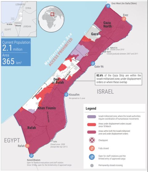 Peta wilayah Gaza yang dikuasai militer Israel dirilis Kantor PBB untuk Koordinasi Urusan Kemanusiaan (OCHA).