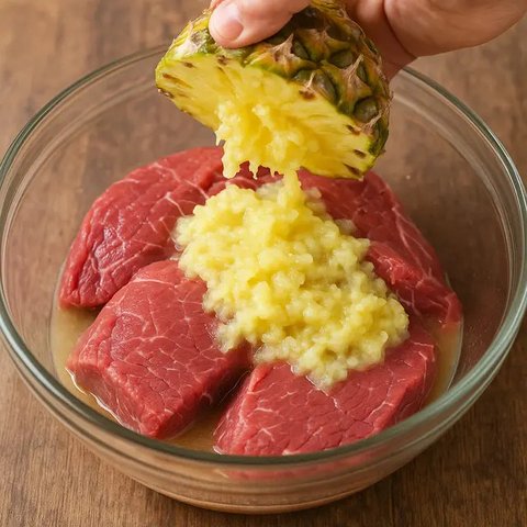 Siram daging kambing dengan air parutan nanas. | Sumber Foto: anekaresepmasakan.info