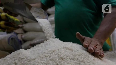 Pedagang memeriksa kondisi beras di pasar Cibubur, Jakarta, Senin (19/2/2024). (Liputan6.com/Herman Zakharia)