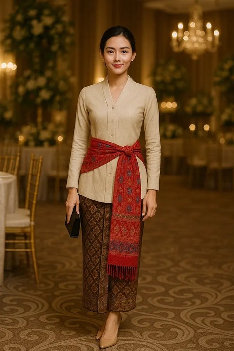 Model Kebaya Panjang dengan Selendang Ikat Samping Pinggang