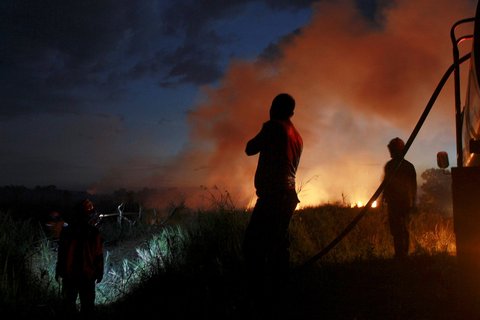 Petugas kepolisian menyemprotkan air untuk memadamkan api yang membakar lahan gambut di Ogan Ilir, Sumatera Selatan,  Minggu (20/07/2025).