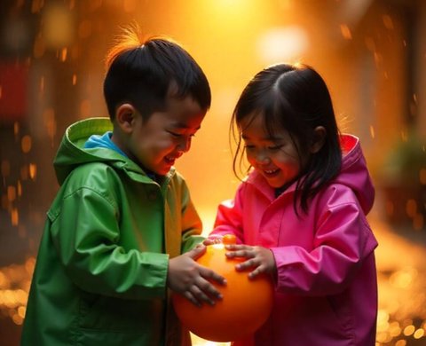 Ilustrasi anak-anak bermain di bawah guyuran hujan