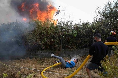Warga jatuh ke tanah saat mencoba memadamkan kebakaran hutan di San Cibrao das Vi&ntilde;as, di luar Ourense, Spanyol barat laut,  Selasa (12/08/2025) waktu setempat.