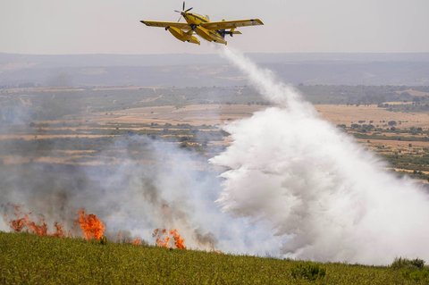 Sebuah pesawat pemadam kebakaran menyiramkan air ke area kebakaran hutan di Puercas de Aliste, dekat Zamora, Spanyol ,  Selasa (12/08/2025) waktu setempat.